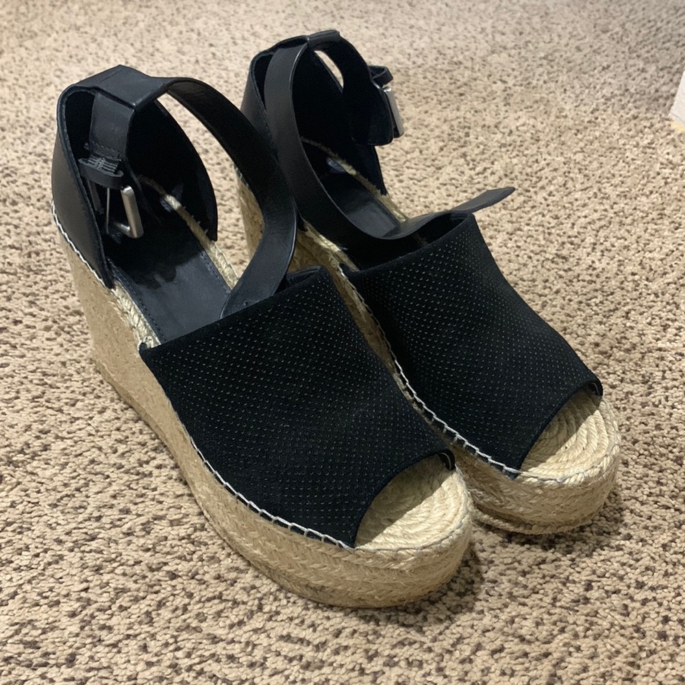 Marc Fisher Adalyne Leather Black Platform Espadrille Wedges Sandals 10M Womens